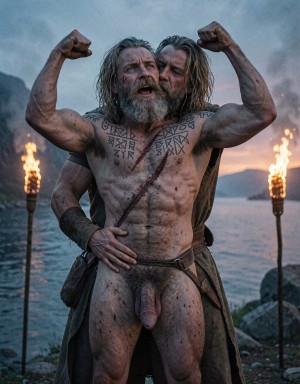 A naked Viking-looking man raises both arms with clenched fists in a pose of strength, showing his muscular torso, runic tattoos on his chest, scars, dirt, and his penis visible from the front. He has a long gray beard, wet hair, and an intense expression, as if shouting or defying. Behind him, another long-haired man holds him by the waist, partially covered by furs or a dark cloak, in a dramatic scene beside a fjord. Two lit torches illuminate the cold, misty atmosphere, with mountains, water, and a twilight sky in the background.
