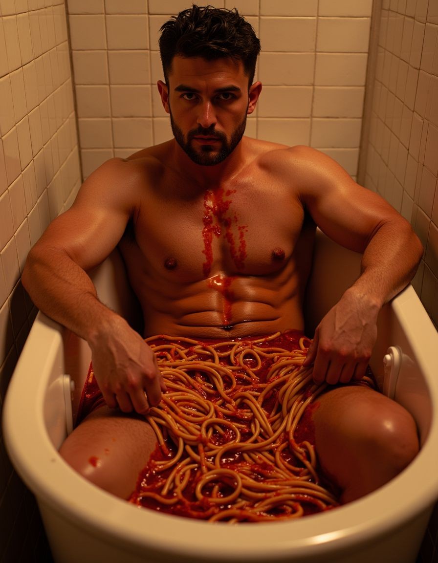 A muscular shirtless man is sitting inside a narrow white bathtub, surrounded by beige tiled walls under warm, dim light. He stares straight at the camera with a serious expression, dark tousled hair and a short beard, while resting his arms on the sides of the bathtub. Across his torso, from chest to abdomen, a shiny red stain that looks like sauce or blood runs down, and the bathtub is filled with spaghetti covered in red sauce, piled over his legs and around his waist. The scene feels intense, strange, and cinematic, with contrast between skin, white ceramic, pasta, and red liquid.
