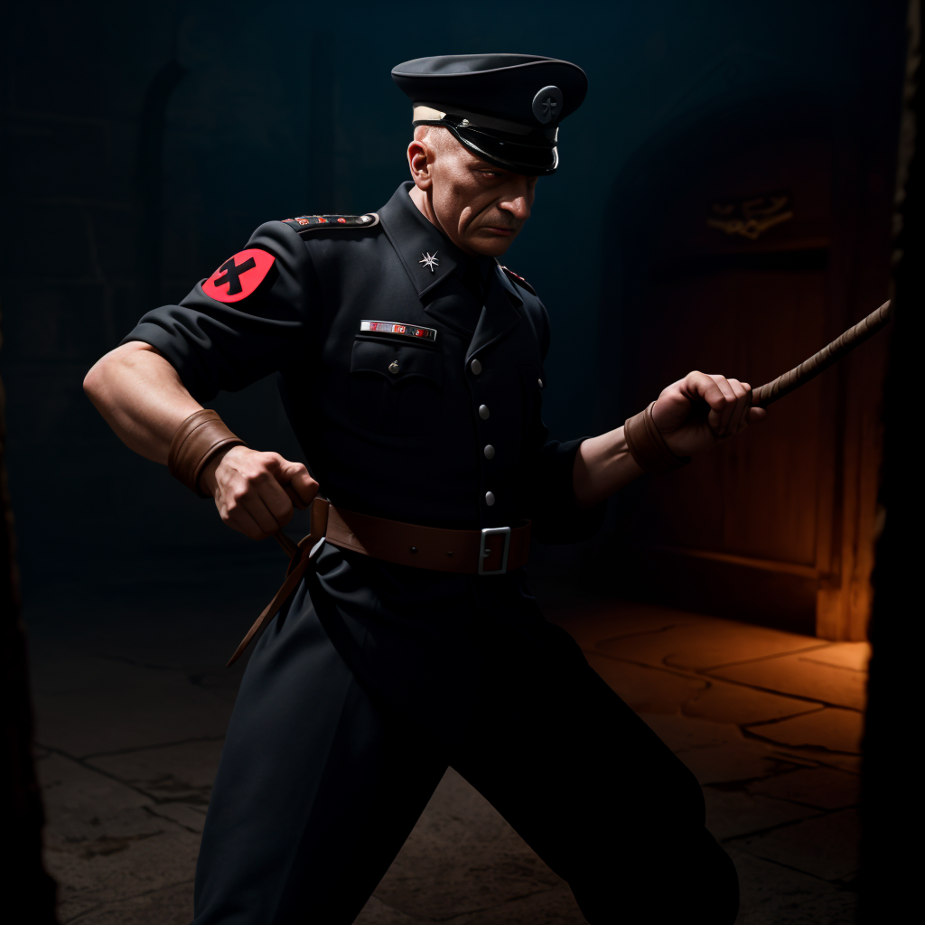 Un oficial con uniforme negro de estética militar autoritaria aparece en una estancia oscura de piedra, iluminado de forma dramática desde un lateral. Lleva gorra rígida con insignia, chaqueta abotonada con condecoraciones, hombreras, cinturón marrón y un brazalete rojo con un símbolo negro sobre círculo blanco, evocando iconografía nazi. Su expresión es severa y amenazante, con la cabeza rapada y el rostro marcado por sombras duras. Sostiene una cuerda o látigo grueso con ambas manos, en una postura tensa y agresiva, como preparado para golpear. Al fondo se distingue una puerta de madera con emblema dorado y una luz cálida que contrasta con el ambiente sombrío, creando una escena de intimidación, poder y represión.
