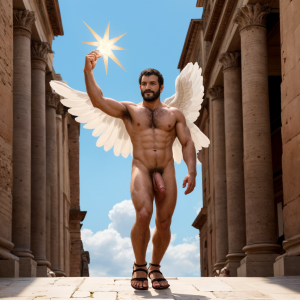 En el año 49 a.C., Julio César desnudo con pene grande. Está por las calles de la ciudad de Roma. Cneo Pompeyo Magno, bronceado y con testículos peludos, muestra su bíceps derecho con orgullo. Tiene un aro luminoso y alas blancas azuladas, destacando sus genitales velludos, sandalias, monedas esparcidas y geranios. Salta hacia arriba subiendo al cielo. Es muy atractivo. Está volando entre nubes
