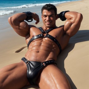 Hombre musculoso, arnés de cuero negro ajustado, brazaletes y muñequeras de cuero, tumbado en una playa soleada, gotas de sudor en la piel bronceada, mirada sensual y provocativa, sonrisa seductora, ojos brillantes y expresivos, torso desnudo, músculos definidos, piel reluciente de sudor, ambiente relajado y sensual.