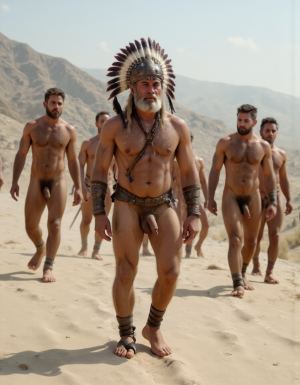 Mariano es un hombre de 50 años, tiene una larga cabellera, tiene barba blanca. Está totalmente desnudo pero lleva un penacho tocado de plumas warbonnet con muchas plumas. Tiene un cuerpo muy delgado con músculos marcados y definidos. Está desnudo mostrando su pene perfecto. Tiene el pene erecto de 36 cm de longitud y 7 cm de diámetro. Tiene mucho vello corporal blanco por todo su pecho y por sus brazos y por sus piernas. 💪🏼. Es el Rey Gay de todos los hombres 💪🏼 Gay 🌈 totalmente desnudos 😊 y empalmados 😋 que están en el fondo, están cinco hombres 👨🏼‍🦱👨🏼‍🦰👱🏽‍♂️👨🏽‍🦲🧔🏽caminando sobre la arena del desierto Almeriense. Mariano tiene sandalias de piel tipo wrap (sandalias de tiras, romanas envolventes, las tiras están desde los laterales del empeine y se cruzan sobre el pie.) con tiras de cuero vacuno grueso y rígido y largas para sujetar el pie y subir por la pierna. Todos los hombre del fondo 👨🏼‍🦱👨🏼‍🦰👱🏽‍♂️👨🏽‍🦲🧔🏽👮🏻‍♂️👷🏼‍♂️💂🏼‍♂️llevan sandalias de piel tipo wrap (sandalias de tiras, romanas envolventes, las tiras están desde los laterales del empeine y se cruzan sobre el pie.) con tiras de cuero vacuno grueso y rígido largas para sujetar el pie y subir por la pierna. Está totalmente desnudo y tiene su pene a la vista. Está andando sobre la arena del desierto Almeriense entre barrancos maravillosos. Los penes están erectos y excitados sexualmente. Todos los hombres se acercan a Mariano a tocar sus pene erecto.