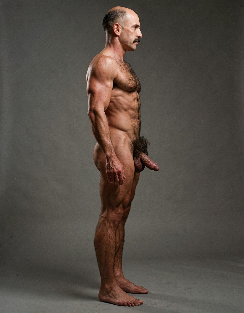 Mike Morris, a 32-year-old extremely lean Caucasian male with only 8% body fat, stands completely naked in a rigid military attention pose captured in a full-body exact side profile at 90 degrees from his right side. The shot runs uninterrupted from the tips of his size 44 slightly hairy feet all the way up to the top of his bald head, showing his entire body without any cropping whatsoever. His physique is dry, highly vascular and powerfully defined: massive square pectorals seen in perfect side silhouette, dense dark brown chest hair forming a thick T-pattern that continues across his shoulders and back, sharply carved six-pack abs in clear profile, narrow waist, wide flaring lats, powerful thighs and diamond-shaped calves covered in the same dark hair. Dramatic directional studio lighting falls from high and slightly in front of him, creating strong rim lighting that traces every sharp edge of his muscular outline, accentuating the texture of his dense dark body hair on chest, shoulders, lower back, ass and legs, while producing deep shadows that highlight every muscle separation, vein and the extreme dryness of his 8% body fat. His advanced Norwood III-IV bald scalp is clearly visible under the light, with very short dense dark brown hair only on the sides and back of his head. His square, angular face is shown in pure right profile: strong jawline, prominent chin with slight central dimple, thick well-groomed dark handlebar mustache, heavy brow and intense deep-set brown eye staring straight forward with a serious, commanding expression. His penis is fully and clearly visible in perfect side view, completely natural and anatomically correct: thick, 24 cm long when fully erect, with a natural slight upward curve, prominent dorsal veins running along the shaft, long foreskin that partially covers the pink-red glans, and noticeably lighter skin tone than the rest of his bronzed body. Below it hang his large, low-hanging testicles with wrinkled darker skin and an extremely dense, curly dark brown pubic bush that climbs almost to his navel and surrounds the base of his cock and balls generously. Every detail from his veined hands and forearms to his muscular ass, hamstrings, diamond calves and hairy toes is perfectly proportioned and free of any deformation. Photorealistic, high-contrast, masculine 1970s Colt Studio aesthetic with subtle grainy film texture.