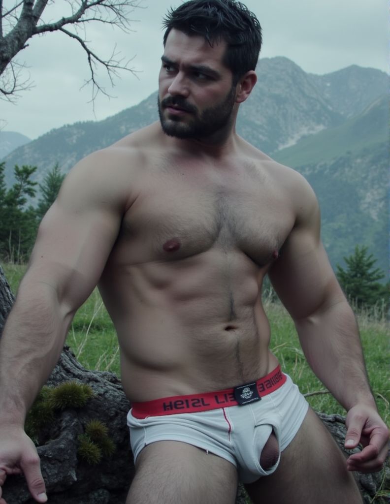 Senderista joven muy atractivo, con desarrollo muscular, se halla en las montañas de Irlanda, es un día templado de verano, se ha quitado la ropa  y las botas al divisar a otro senderista musculoso al que mira fijamente insinuándose, se apoya en el tronco de un árbol viejo, se deja el calzoncillo puesto por donde asoma el pene como reclamo. 