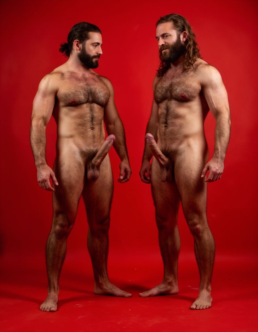 Dos guerreros musculosos de cuerpo delgado y alto, cuerpo completamente desnudo y velludo, mostrando polla venosa de 30 cm de longitud y 5 cm de grosor. Tienen la piel bronceada por el Sol, con pelo muy largo y barba. Tiene pies fuertes. Están contentos. Tienen músculos marcados definidos y sin nada de grasa. Tienen aspecto muy viril. Tienen cuerpo muy delgado pero con los músculos marcados y muy definidos. Están tensos haciendo fuerza para mostrar sus músculos marcando los músculos. Fondo rojo.