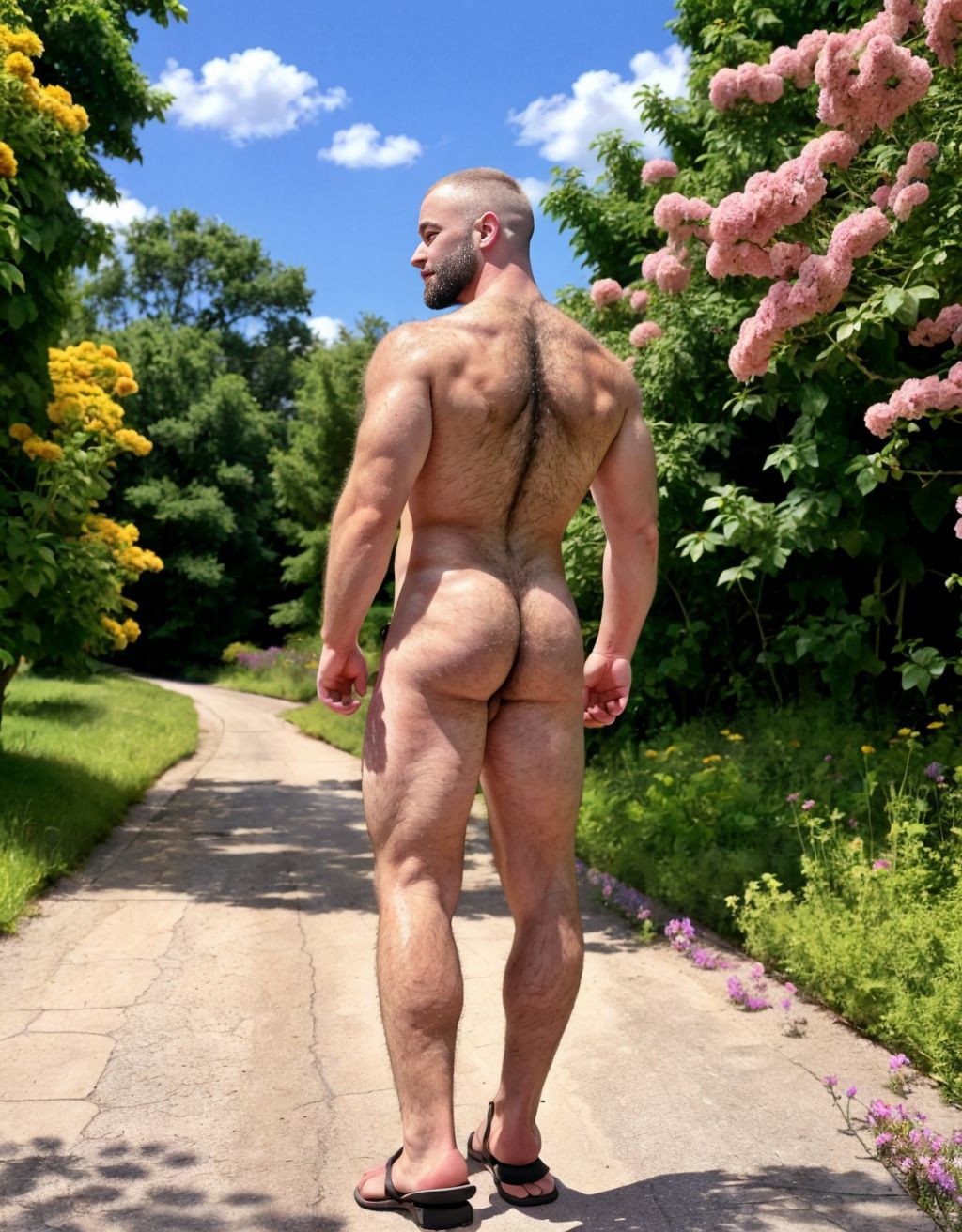 Un hombre desnudo y musculoso camina de espaldas por un sendero de jardín, con la cabeza girada ligeramente hacia un lado y el cuerpo iluminado por la luz del sol. Su espalda ancha, hombros definidos, vello corporal, glúteos desnudos y piernas fuertes destacan con claridad, mientras lleva únicamente unas sandalias negras. El entorno es frondoso y cuidado, con césped verde, arbustos densos y flores rosas y amarillas a ambos lados del camino, bajo un cielo azul con nubes blancas. La escena combina desnudez masculina al aire libre, naturaleza, verano, jardín florido y una atmósfera tranquila y luminosa.