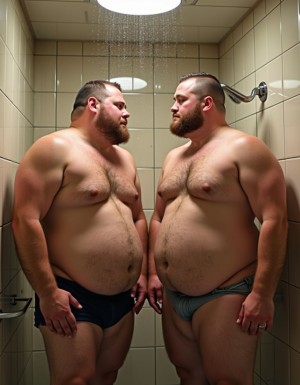 Dos hombres corpulentos y barbudos están de pie frente a frente bajo una ducha, con el agua cayendo desde un rociador circular en el techo y empapando suavemente sus cuerpos. Ambos aparecen sin camiseta, con el torso velludo, barriga prominente y brazos robustos, llevando únicamente ropa interior tipo slip o bañador ajustado, uno en tono oscuro y el otro en gris verdoso. La escena transcurre en un espacio estrecho de baño revestido con azulejos beige brillantes, con una alcachofa lateral metálica visible en la pared. Sus rostros serios y cercanos, los cortes de pelo rapados a los lados y las barbas cuidadas crean una atmósfera íntima, tensa y simétrica dentro de la ducha.