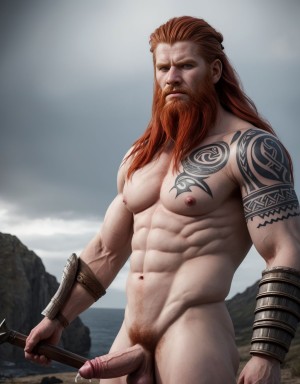 Foto muy realista texturas 8k. Guerrero nórdico desnudo, 25 años aproximadamente, rostro hermoso y simétrico, cabello rojizo, musculoso, enseñando orgulloso su pene, barba larga, tatuajes vikingos, armadura abandonada, fondo de batalla, expresión orgullosa y desafiante, piel pálida, anatomía detallada, realista y sensual.