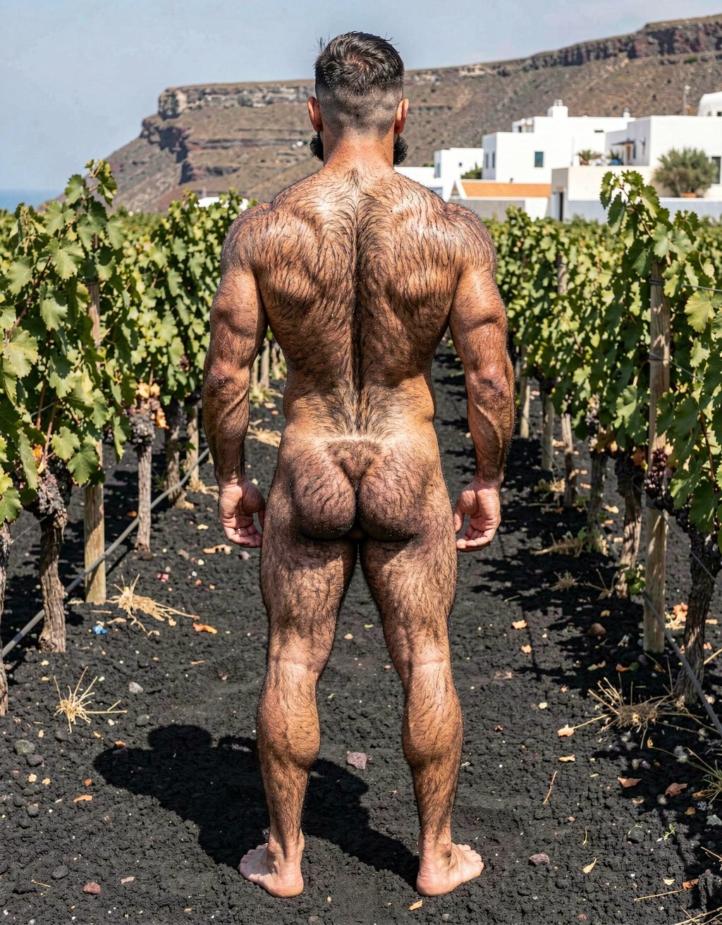 A naked man seen from behind stands between rows of vineyards, on black volcanic-looking soil, with his legs slightly apart and his arms relaxed at his sides. His muscular, very hairy body stands out under the intense sunlight, with a broad back, marked shoulders, visible buttocks, and strong legs covered with hair. Around him grow green vines held by posts, some with bunches of grapes, forming an agricultural corridor. In the background appear white Mediterranean-style houses and an arid, rocky mountain, creating a rural, bright, natural outdoor scene in a vineyard landscape.