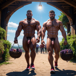 Dos hombres machos musculosos desnudos muy viriles con pene grande y testículos grandes y peludos. Caminando 10 ⛓️⛓️🍇🌞💔💔