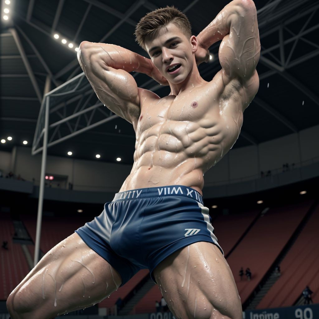 Un hombre musculoso posa en un estadio cubierto con las manos detrás de la cabeza, mostrando un físico extremadamente definido con abdominales marcados, pectorales, brazos y muslos muy vascularizados y brillantes por el sudor o aceite corporal. Lleva únicamente unos calzoncillos bóxer ajustados de color azul, que resaltan la zona de la pelvis y las piernas, mientras adopta una postura de exhibición típica de culturismo o fitness. El encuadre en contrapicado enfatiza su tamaño y definición muscular, con gradas rojas, estructura metálica del techo e iluminación deportiva desenfocada al fondo, creando una escena intensa de competición, gimnasio y rendimiento físico.