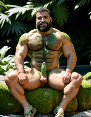 Hombre latino verde desnudo musculoso, tiene pene verde, tiene testículos verdes. Tiene sandalias verdes. Tiene mucho vello verde.