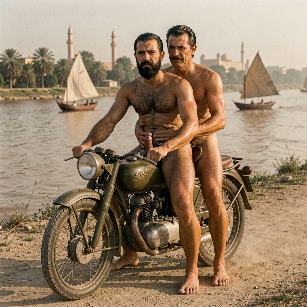 Two naked men pose on a classic military-looking motorcycle beside a riverbank, with the driver seated at the handlebars and another man positioned behind him, holding onto his waist; both are barefoot, with hairy torsos and skin lit by warm light. Their penises are visible between their legs, and the pose is frontal and direct, more posed than dynamic. In the background, several feluccas or traditional sailboats sail on the water, with palm trees, minarets, and buildings blurred by the haze, creating a riverside scene with an old, dusty, cinematic feel, with a vintage aesthetic and a Middle Eastern or North African atmosphere.