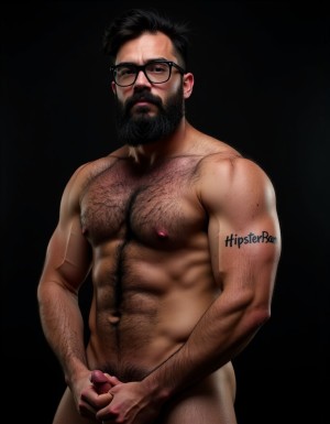 Fotografía hiperrealista de un hombre adulto musculoso a la vista desde las rodillas para arriba hasta la cabeza, rostro masculino idéntico a la imagen de referencia totalmente desnudo con polla erecta de treinta centímetros de longitud y ocho centímetros de diámetro, tiene rasgos marcados duros expresivos, barba densa poblada tupida oscura estilo hipster cubriendo completamente mandíbula mentón mejillas con grosor uniforme textura abundante muy definida, bigote denso tupido oscuro conectado perfectamente con la barba completa cubriendo completamente el labio superior, pelo oscuro medio peinado completamente recto hacia arriba con volumen considerable estilo hipster moderno quiff puntas verticales texturizadas hacia el cielo con altura prominente, cejas gruesas oscuras pobladas muy marcadas definidas, gafas de montura completa negra cuadradas grandes estilo hipster moderno sobre el puente de la nariz enmarcando unos ojos oscuros intensos que miran directamente a cámara con expresión seria penetrante confiada, expresión facial seria masculina sin sonrisa con mirada directa desafiante, pómulos marcados definidos angulares, nariz recta proporcionada, labios medios apenas visibles completamente cubiertos por bigote denso que conecta con la barba hipster completa, torso desnudo muy musculoso con pectorales enormes desarrollados y definidos y velludos peludos, hombros anchos musculosos deltoide prominentes, brazos musculosos gruesos con bíceps y tríceps marcados visibles a ambos lados del cuerpo, abdomen tonificado marcado visible desde la cintura, piel con textura realista detallada poros imperfecciones sutiles, vello corporal denso oscuro abundante cubriendo pectorales abdomen brazos hombros con textura natural masculina muy visible, tatuaje en tinta negra en el bíceps del brazo derecho con la palabra exacta (("hipsterbarba")) en tipografía negra sans-serif clara legible tatuada sobre la piel del brazo de tamaño mediano visible proporcionado, iluminación dramática lateral direccional que crea contraste alto marcado entre luces brillantes y sombras profundas resaltando la estructura facial angular la barba hipster densa las gafas cuadradas grandes el vello corporal abundante la musculatura del torso los brazos y el tatuaje con la palabra (("hipsterbarba")) en el bíceps derecho, fondo completamente oscuro negro liso uniforme desenfocado sin distracciones, fotografía de alto contraste con grano fotográfico sutil visible estilo retrato hipster masculino fitness, enfoque nítido absoluto perfecto en el rostro especialmente en los ojos detrás de las gafas la barba hipster densa el bigote tupido el pelo vertical el vello corporal el torso musculoso y el tatuaje con la palabra (("hipsterbarba")) en el brazo derecho, encuadre vertical desde la cintura hacia arriba mostrando completamente todo el torso superior los brazos musculosos y la cabeza, calidad fotográfica hiperrealista 8K máxima definición detalle extremo, renderizado cinematográfico fotorrealista profesional. Está totalmente desnudo.