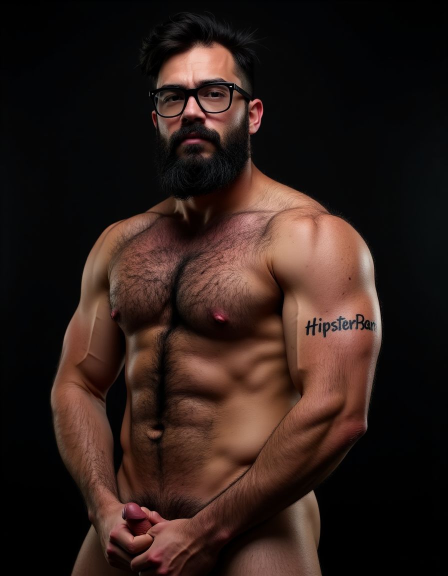 Fotografía hiperrealista de un hombre adulto musculoso a la vista desde las rodillas para arriba hasta la cabeza, rostro masculino idéntico a la imagen de referencia totalmente desnudo con polla erecta de treinta centímetros de longitud y ocho centímetros de diámetro, tiene rasgos marcados duros expresivos, barba densa poblada tupida oscura estilo hipster cubriendo completamente mandíbula mentón mejillas con grosor uniforme textura abundante muy definida, bigote denso tupido oscuro conectado perfectamente con la barba completa cubriendo completamente el labio superior, pelo oscuro medio peinado completamente recto hacia arriba con volumen considerable estilo hipster moderno quiff puntas verticales texturizadas hacia el cielo con altura prominente, cejas gruesas oscuras pobladas muy marcadas definidas, gafas de montura completa negra cuadradas grandes estilo hipster moderno sobre el puente de la nariz enmarcando unos ojos oscuros intensos que miran directamente a cámara con expresión seria penetrante confiada, expresión facial seria masculina sin sonrisa con mirada directa desafiante, pómulos marcados definidos angulares, nariz recta proporcionada, labios medios apenas visibles completamente cubiertos por bigote denso que conecta con la barba hipster completa, torso desnudo muy musculoso con pectorales enormes desarrollados y definidos y velludos peludos, hombros anchos musculosos deltoide prominentes, brazos musculosos gruesos con bíceps y tríceps marcados visibles a ambos lados del cuerpo, abdomen tonificado marcado visible desde la cintura, piel con textura realista detallada poros imperfecciones sutiles, vello corporal denso oscuro abundante cubriendo pectorales abdomen brazos hombros con textura natural masculina muy visible, tatuaje en tinta negra en el bíceps del brazo derecho con la palabra exacta ((