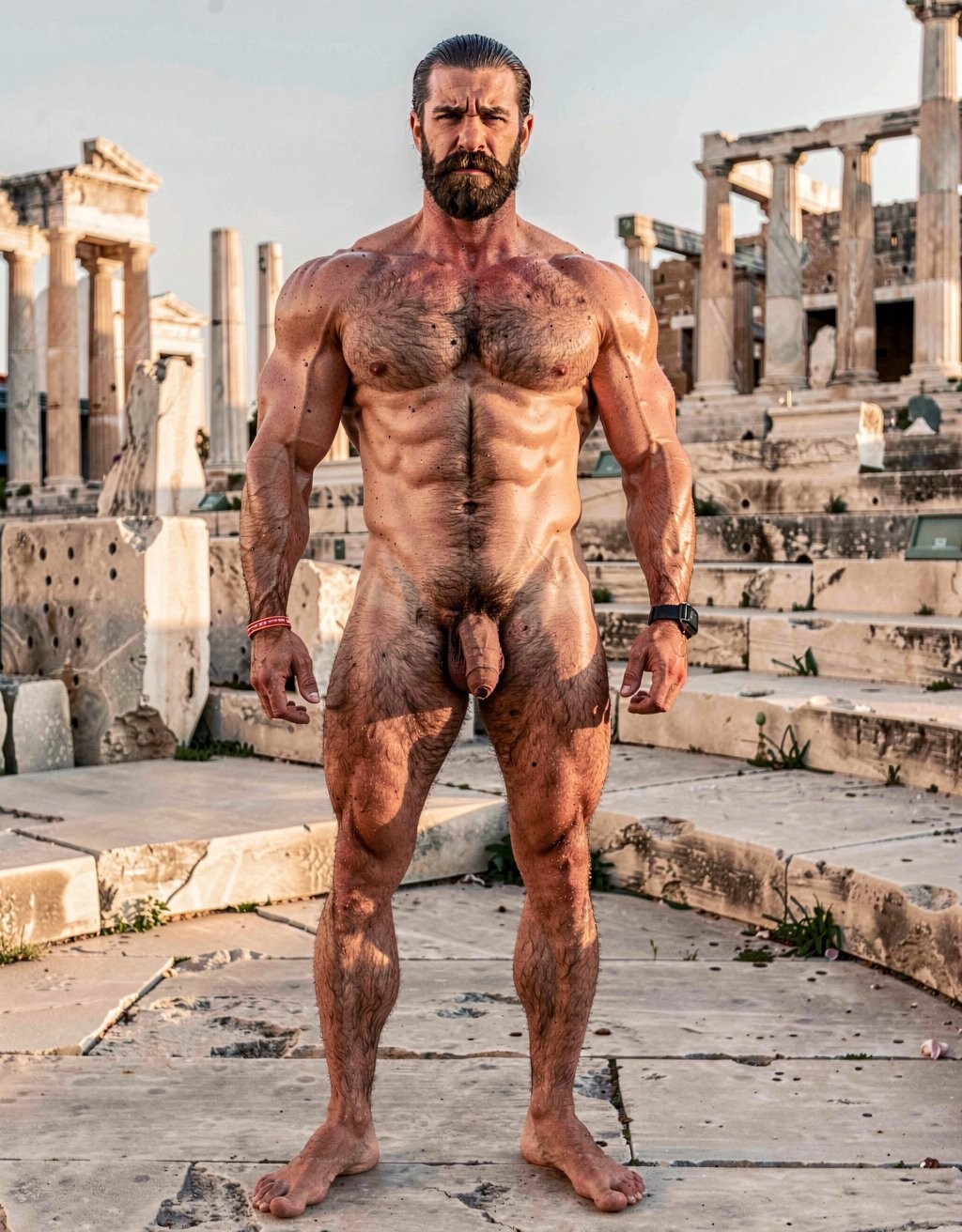 Pericles. A full-body, highly detailed and realistic portrait of a completely naked Pericles at 35 years old standing confidently in 460 BC Athens during golden hour. Full length view from feet to head, slight three-quarter angle. He has a distinctively elongated 