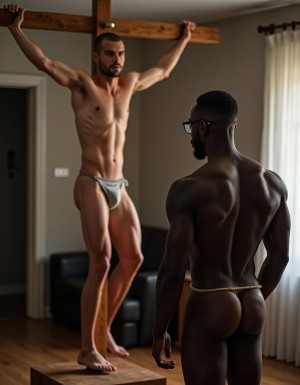 Hombre de color superpollon en una habitación viendo como un hombre sumiso rasurado atado a una cruz de pies y manos y follado por el culo con un dilo xxxxl