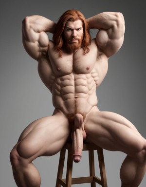 Hombre caucásico con piel clara y complexión atlética, cabello rojizo lacio y largo, barba incipiente, expresión de desprecio, vello corporal abundante y rojizo, de 1,9 metros de altura, sixpack visible, manos detrás de la cabeza, trapecios marcados, pene y testículos visibles. Sentado en un taburete de madera, fondo gris degradado, músculos desarrollados, hombros prominentes, deltoides marcados, fondo gris claro. Debe tener un solo pene
