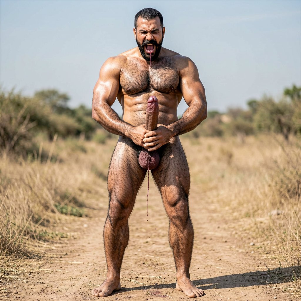 A perfectly framed full-body photorealistic image of Gayon Von Neumann standing completely naked outdoors in bright natural daylight, shot from a low angle starting from his feet and going all the way up to the top of his head. His big, strong bare feet are planted firmly on the dirt ground, toes gripping the earth. Powerful hairy calves and thick muscular thighs lead up to his heavy low-hanging hairy balls and massive erect cock. Both of his large veiny hands are wrapped tightly around his 35cm long, 9.5cm thick dark veiny shaft, stroking it slowly and firmly with realistic motion. The heavy foreskin is pulled halfway back exposing the huge swollen purple-red glans dripping thick strings of precum. 

From there the view continues naturally up his dense wild black pubic bush, deeply carved sweaty eight-pack abs, thick hairy pecs with visible striations, wide vascular shoulders, thick neck with prominent Adam’s apple, and finally his arrogant face: square jaw, thick black chevron mustache, half-lidded dark eyes looking down with superiority and lust, mouth open in raw pleasure letting out a deep grunt. Every inch of his 1.85m, 80kg dry muscular body is visible from feet to head, covered in natural dense black body hair, glistening with real sweat under harsh sunlight. Raw, masculine, photorealistic rural alpha male jerking off outdoors with zero cropping and maximum detail from soles to scalp.