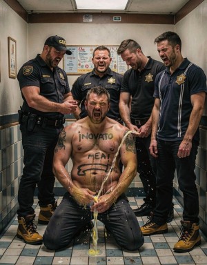 A shirtless kneeling man appears in the center of a narrow tiled hallway, soaked and with an expression of pain or rage as he screams with his mouth open. On his muscular torso there are words written in black, like “INOVATO” and “MEAI,” as well as a crude drawing, and a yellowish liquid runs from his chest down to his hands and the floor, creating a dirty and humiliating scene. Around him, four men in black security- or police-style uniforms, star-shaped badges, tactical belts, and boots surround him amid laughter and aggressive gestures; one seems to be holding or pouring something over him. The enclosed environment, lit by fluorescent lights, with posters on the wall and a locker-room or police-station aesthetic, conveys a situation of abuse, punishment, and group domination.