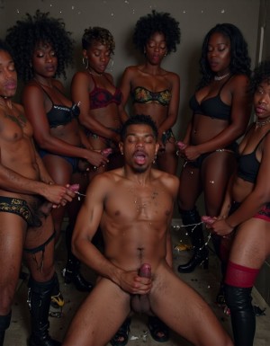 Varias travestis negras con cuerpos voluptuosos y rostros maquillados, vistiendo lencería sexy y provocativa, incluyendo corsés, medias de red y tacones altos, se encuentran en una habitación oscura y sensual. Están rodeando a un hombre arrodillado, con la cabeza hacia atrás y la boca abierta, listo para recibir el semen. Las travestis, con sus penes erectos y brillantes, se turnan para eyacular sobre el cuerpo y la boca del hombre, cubriéndolo con cantidades generosas de semen. El hombre, con los ojos cerrados y la boca llena, recibe el semen con placer, mientras las travestis lo rodean, tocándolo y acariciándolo con sus manos. La escena es hiper-realista, con detalles de alta calidad, y se centra en la nudez y la sensualidad de las travestis y el hombre. La iluminación es suave y cálida, resaltando la textura de la piel y la lencería. La imagen es explícita y detallada, mostrando cada gota de semen y cada curva del cuerpo de las travestis y el hombre.