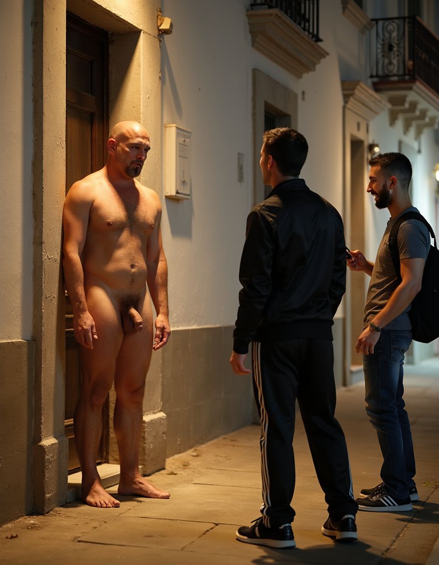 Un hombre musculoso de 30 años completamente desnudo de pie en el umbral de la puerta de entrada de un portal de edificio, todo su cuerpo del cuello hacia abajo totalmente depilado sin ningún vello, piel lisa brillante recién rasurada, pecho ancho musculoso rasurado, brazos fuertes sin pelo, abdomen marcado liso, piernas musculosas depiladas, genitales completamente afeitados, pene semi erecto colgando, testículos rasurados visibles, expresión nerviosa pero excitada en su cara, parado en el umbral iluminado por la luz del portal y una farola de la calle, en la acera a 3 metros de distancia dos hombres jóvenes de 25 años mirándolo sorprendidos, uno con chándal negro y el otro con vaqueros y camiseta gris, uno de ellos sosteniendo un móvil apuntando hacia el hombre desnudo, expresiones de sorpresa y risa en sus caras, calle urbana de noche al fondo, edificios residenciales, ambiente de ciudad española, fotografía realista ultra detallada, 8k