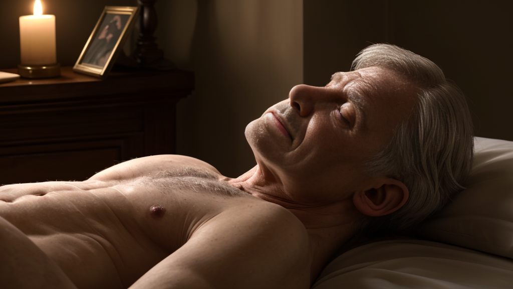 Hombre maduro de 50 años, desnudo, acaricia suavemente el cuerpo inerte de un joven muerto de 25 años, también desnudo, con expresión de relajación total, en un ambiente íntimo y privado, con luz tenue y sombras suaves, destacando la textura de la piel y la serenidad del momento.