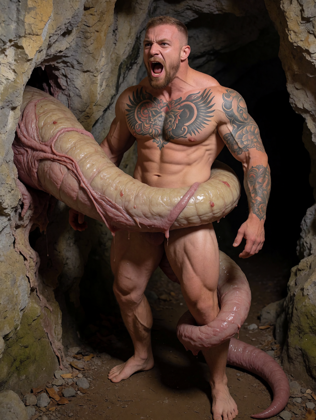 A naked man, very muscular and covered with tribal tattoos on his chest, shoulders, and arms, stands in a rocky cave with an expression of fury or pain, his mouth open in a scream. A huge tentacled creature, fleshy and wet, in pink and beige tones, emerges from an opening in the rock and coils around his waist and thighs, partially hiding his groin while another thick end falls toward the ground. The scene has a dark tone of fantasy and horror, with shiny skin, tense muscles, bare feet on damp earth, and irregular stone walls that reinforce the sense of underground threat.