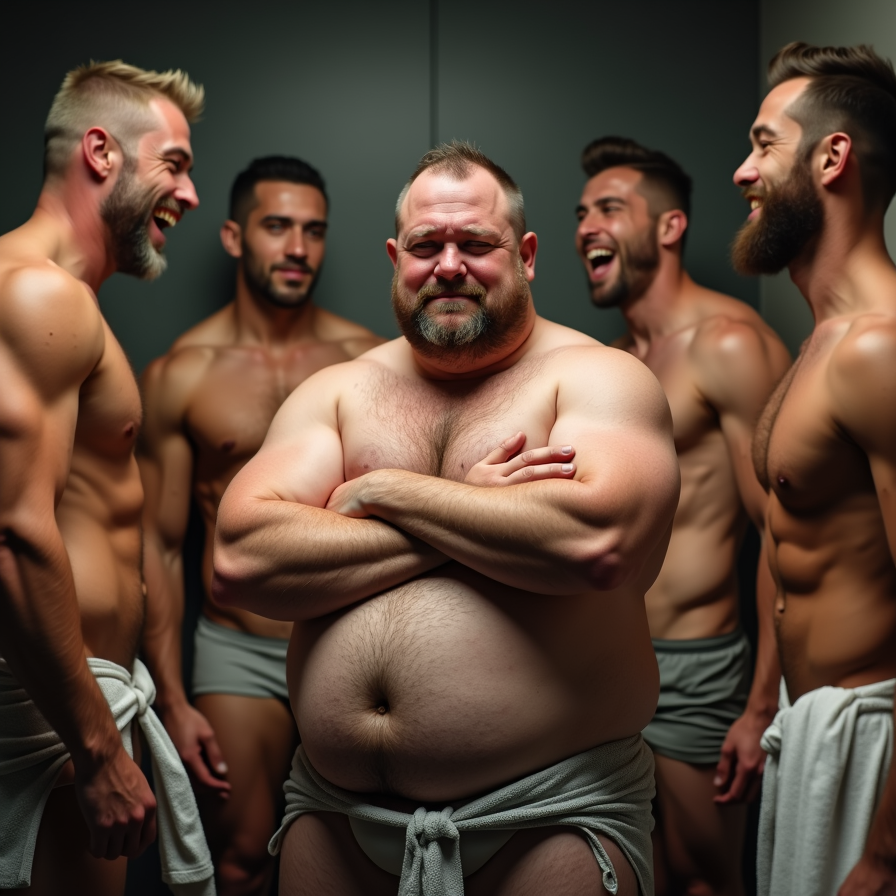 A burly, bearded man poses in the center with his arms crossed, bare torso, and a gray towel tied around his waist, showing a serious and somewhat defiant expression while surrounded by several muscular men who are also half-naked. The setting looks like a locker room or sauna, with dim lighting and a dark background, highlighting athletic bodies, defined abs, well-groomed beards, and towels around their waists. On both sides, two men smile and laugh openly, creating a contrast between the protagonist’s firm attitude and the relaxed tone of the group, with a composition that emphasizes body diversity, masculinity, the gym, and physical confidence.
