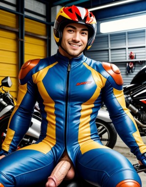 Hombre musculoso semidesnudo, pene visible, torso desnudo, con traje de motorista parcialmente quitado, mostrando pecho y abdomen definidos, sentado en una moto, casco en mano, sonriendo confiadamente, fondo de boxes con mecánicos, iluminación vibrante, texturas hiperrealistas, foco en la figura masculina y la moto
