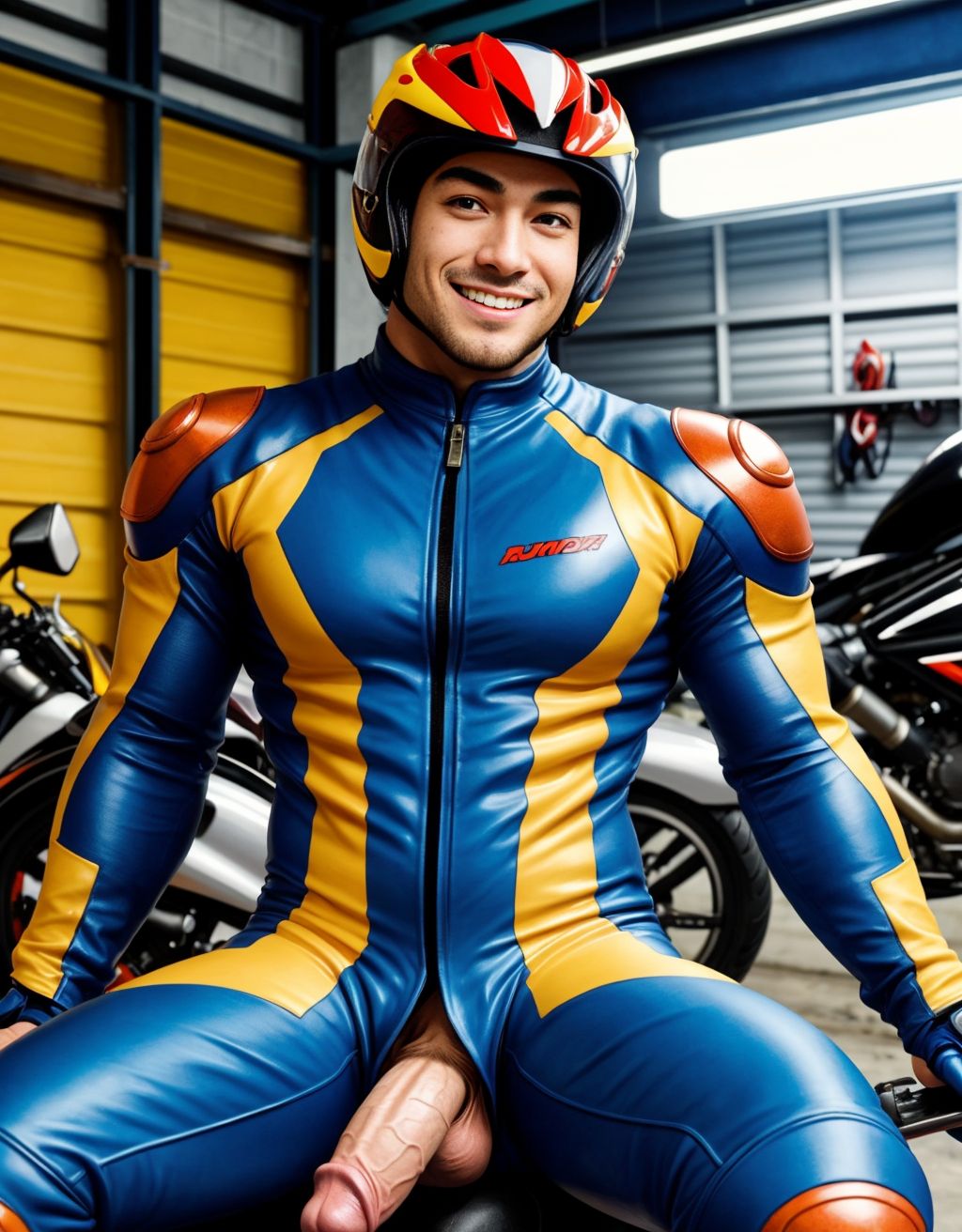 Hombre musculoso semidesnudo, pene visible, torso desnudo, con traje de motorista parcialmente quitado, mostrando pecho y abdomen definidos, sentado en una moto, casco en mano, sonriendo confiadamente, fondo de boxes con mecánicos, iluminación vibrante, texturas hiperrealistas, foco en la figura masculina y la moto