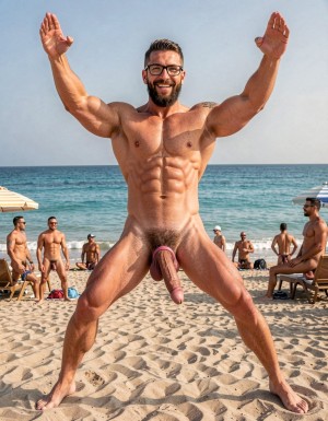 A highly detailed full-body nude photograph of a 40-year-old dominant muscle bear named Hipsterbarba, standing confidently in a well-lit studio with dramatic lighting that accentuates every muscle. He is 180cm tall, 80kg with 8% body fat, extremely muscular and symmetrical. Massive rounded hairy pecs with clear separation and dark pointed nipples, shredded six-pack abs with deep cuts and visible obliques forming a strong V-taper, wide shoulders, vascular arms, huge quads and defined legs. Very dense black masculine body hair covering his chest, running down in a thick treasure trail to a very bushy dark pubic area. He has a perfectly groomed long Bandholz beard that reaches mid-chest, thick mustache with curled upward spiral ends, modern high fade undercut hairstyle, black hipster glasses, and a small tattoo on his right bicep that reads 