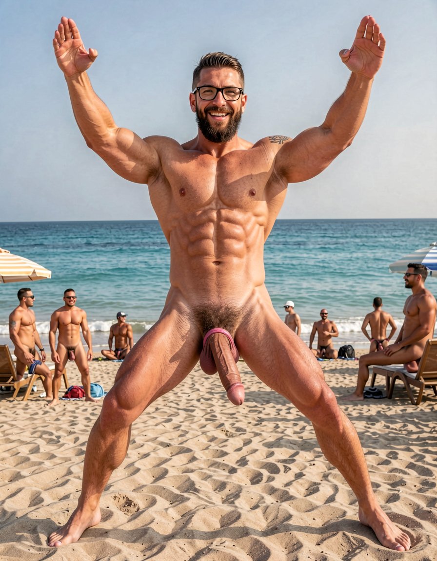 A highly detailed full-body nude photograph of a 40-year-old dominant muscle bear named Hipsterbarba, standing confidently in a well-lit studio with dramatic lighting that accentuates every muscle. He is 180cm tall, 80kg with 8% body fat, extremely muscular and symmetrical. Massive rounded hairy pecs with clear separation and dark pointed nipples, shredded six-pack abs with deep cuts and visible obliques forming a strong V-taper, wide shoulders, vascular arms, huge quads and defined legs. Very dense black masculine body hair covering his chest, running down in a thick treasure trail to a very bushy dark pubic area. He has a perfectly groomed long Bandholz beard that reaches mid-chest, thick mustache with curled upward spiral ends, modern high fade undercut hairstyle, black hipster glasses, and a small tattoo on his right bicep that reads 