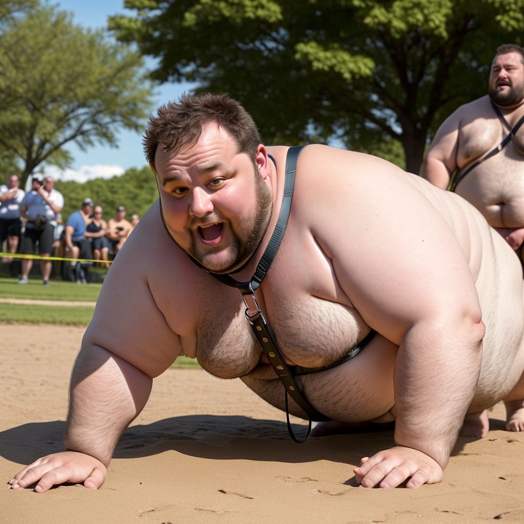 A corpulent shirtless man appears on all fours on a sandy surface, looking directly at the camera with his mouth open and an expression between effort and surprise. He wears a black leather harness with buckles that wraps around his neck, chest, and torso, leaving visible the hair on his chest, his belly, and his arms resting on the ground. In the background, another corpulent man, also wearing a similar harness, stands partially out of focus, while several people watch behind a tape in a sunny park with green trees. The scene has the atmosphere of an outdoor event, with an aesthetic of physical exhibition, role-play, and leather-style accessories.