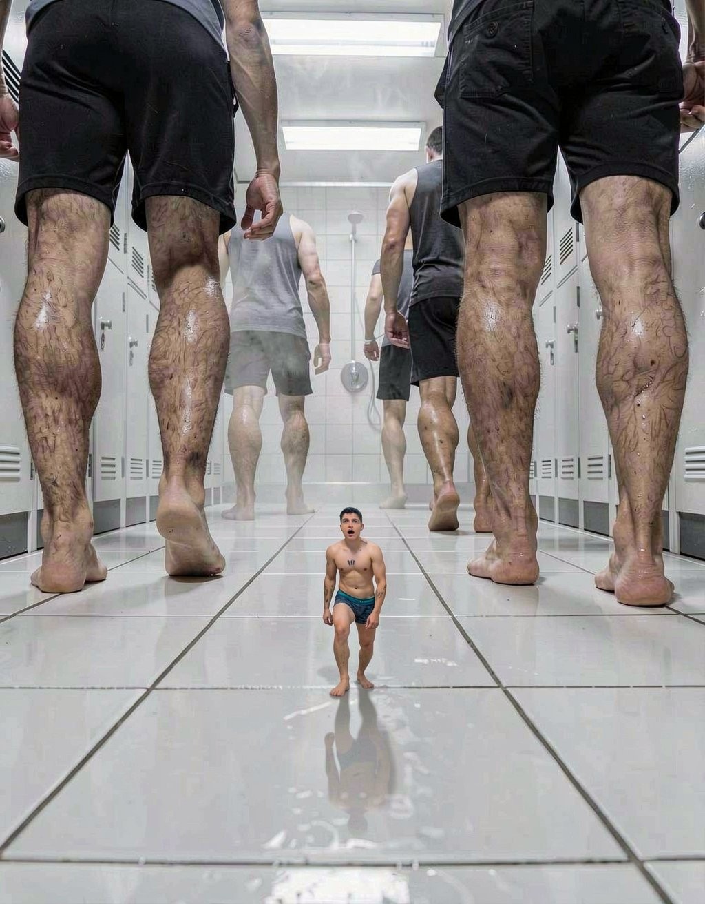 A gym locker room with white lockers and shiny tiled floors creates a surreal forced-perspective scene, where several barefoot men in shorts appear gigantic, seen mainly from the legs and back, walking down a wet hallway under fluorescent lights. In the center, a tiny shirtless man in blue swim trunks moves among the enormous feet and calves, casting a reflection on the wet floor. In the background, more male figures in white T-shirts and shorts can be seen near a shower area, reinforcing the atmosphere of a locker room, humidity, disproportionate scale, human miniature, and fantasy composition.
