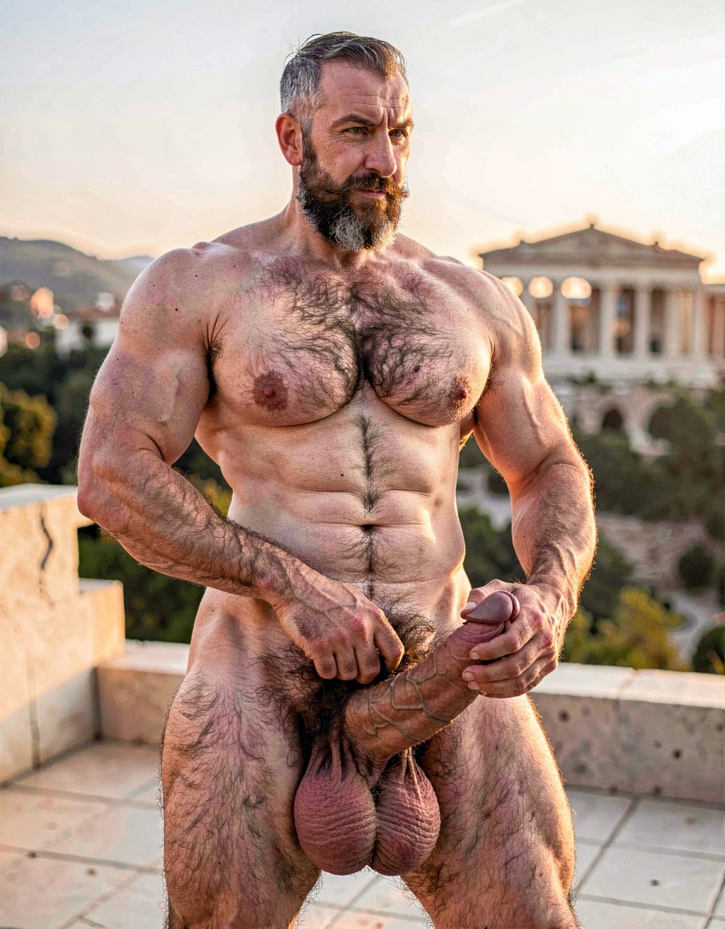 Pericles. A hyper-realistic full-body portrait of completely naked Pericles at 35 years old standing tall under the warm golden light of an Athenian sunset, as if Phidias had carved him from warm living marble and breathed life into him. Perfectly proportioned athletic body, 172 cm, 75 kg, 5% body fat, imposing and dignified presence. Elongated “onion-shaped” skull, short dark brown military-cut hair with silver at the temples, short dense well-groomed dark brown beard and finer trimmed mustache framing a stern aristocratic face with deep-set intense brown eyes. Strong muscular neck, broad rounded shoulders, powerful hairy pectorals with vertical dark trail, small dark hardened nipples, sharply defined abdomen with thick treasure trail leading to a dense curly dark pubic bush. His thick 22 cm erect penis with a slight upward curve, prominent veins along the darker shaft and flushed glans. Pericles is actively masturbating, sliding his right hand up and down the shaft with a steady rhythm. He grips his penis in a precise cylindrical hold: the index, middle, ring and pinky fingers of his right hand curved naturally around the lower perimeter on the front side of the shaft, slightly separated and perfectly adapting to its contour; the thumb positioned on the opposite rear side, also curved naturally around the lower perimeter, pressing gently to secure the grip. The hand conforms perfectly to the cylindrical shape with realistic finger placement and natural joint flexion. Heavy low-hanging testicles, firm round muscular ass, powerful veiny legs covered in dark hair, large masculine feet with the second toe slightly longer. Ultra-detailed skin texture, visible veins and subtle sweat sheen, razor-sharp anatomy, soft warm golden side lighting that sculpts every muscle and hair follicle, museum-quality historical sensual realism, softly blurred Acropolis at sunset in the background.
