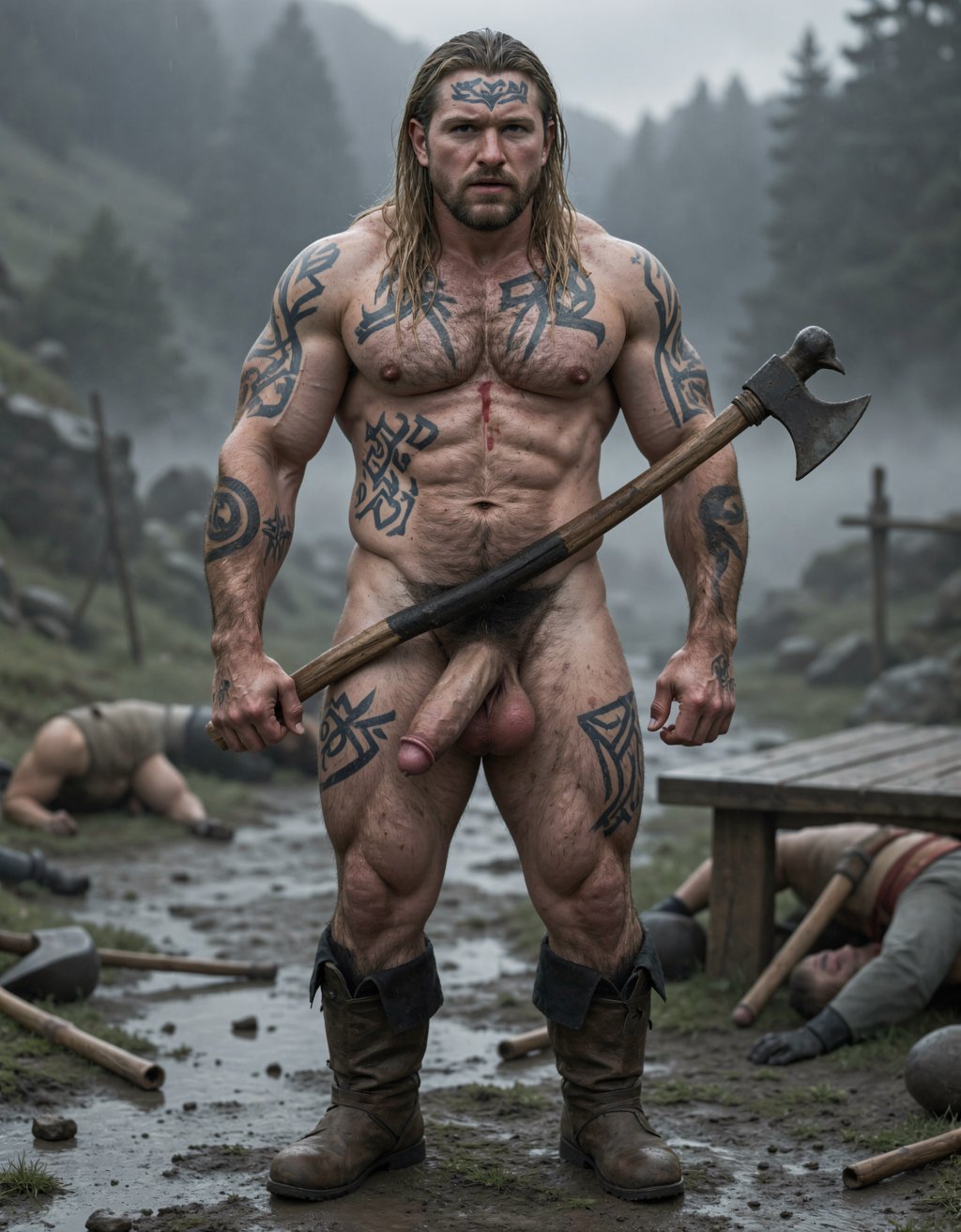 Amleth (Alexander Skarsgård) — Está de cuerpo entero desde los pies hasta la cabeza. Es el protagonista de la historia y es el príncipe vikingo que presencia el asesinato de su padre, el rey Aurvandil. Jura venganza y se convierte en un berserker implacable. Físicamente es una bestia: masivo, tatuado, cubierto de cicatrices, pelo largo y sucio. Su motivación es animal, casi mística. No es un héroe noble; es pura rabia y destino. ---
Altura imponente, unos 194 cm. Cuerpo masivo, musculatura densa y trabajada, no estilizada — parece esculpido a hachazos. Pectorales anchos y marcados y definidos, abdomen marcado pero muy definido como un culturista; es un cuerpo de 7% de grasa corporal, de guerrero que ha pasado años remando, luchando y matando. Hombros desproporcionadamente anchos, cintura más estrecha y pequeña. Brazos fuertes marcados y definidos con venas visibles en antebrazos y bíceps cuando empuña el hacha. Muslos poderosos, pantorrillas fibrosas. Piel pálida, casi grisácea bajo la suciedad y la sangre, cubierta de cicatrices: una grande que le cruza el torso, cortes menores en brazos y costillas. Tatuajes oscuros y densos — símbolos nórdicos, runas, líneas geométricas — que le cubren el pecho, los hombros y parte de la espalda. Vello corporal oscuro, especialmente en el pecho y el pubis. Cara angulosa, mandíbula cuadrada, pómulos marcados. Barba espesa y desigual, más larga en la barbilla, mezcla de rubio sucio y castaño claro, a menudo enmarañada. Pelo rubio sucio, largo, lacio, con mechones más oscuros por la mugre, a veces recogido. Cejas espesas, ojos azul pálido, mirada fija y desquiciada, con un brillo de locura contenida. Labios finos y agrietados. Cicatriz en el labio superior que le tira ligeramente la comisura. Su olor sería a cuero mojado, sudor rancio, hierro y tierra.
Tiene una polla proporcional a su tamaño de 22 cm de largo y 4 cm de ancho; está circuncidado, con el glande grueso y visible; el tronco del pene es largo, con venas marcadas que le recorren el lateral; tiene un vello púbico denso, oscuro, en forma de V invertida que le sube hasta el ombligo; tiene testículos grandes, colgando ligeramente asimétricos, con la piel del escroto arrugada y más clara que el resto del cuerpo; el pene erecto se curva ligeramente hacia arriba, con la cabeza bien definida y el frenillo tirante; su pene es una herramienta brutal, acorde con el berserker que la porta. Lleva sandalias vikingas en sus pies.


