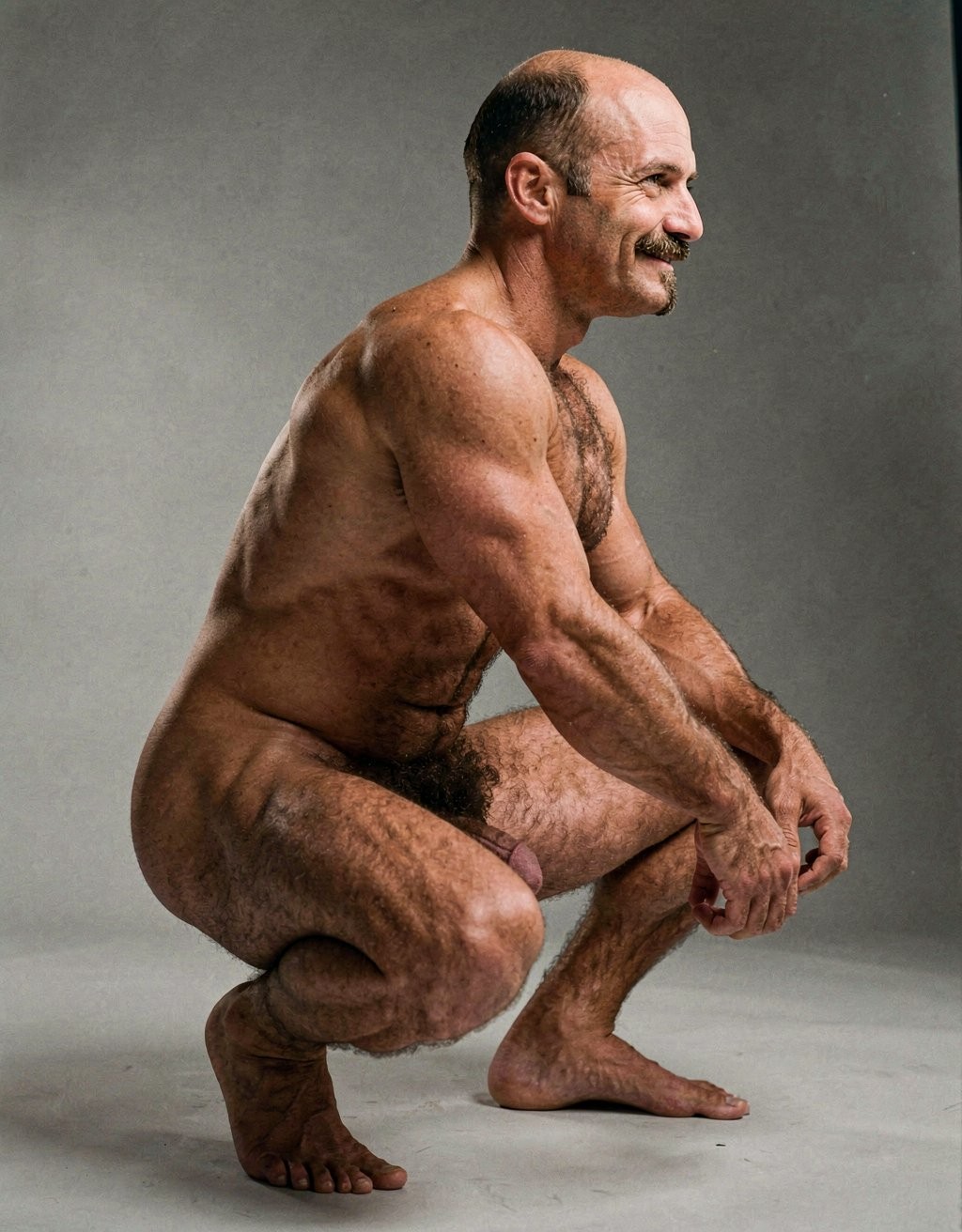 Mike Morris, a 32-year-old extremely lean Caucasian male with only 8% body fat, stands completely naked in a rigid military attention pose captured in a full-body exact side profile at 90 degrees from his right side. The shot runs uninterrupted from the tips of his size 44 slightly hairy feet all the way up to the top of his bald head, showing his entire body without any cropping whatsoever. His physique is dry, highly vascular and powerfully defined: massive square pectorals seen in perfect side silhouette, dense dark brown chest hair forming a thick T-pattern that continues across his shoulders and back, sharply carved six-pack abs in clear profile, narrow waist, wide flaring lats, powerful thighs and diamond-shaped calves covered in the same dark hair. Dramatic directional studio lighting falls from high and slightly in front of him, creating strong rim lighting that traces every sharp edge of his muscular outline, accentuating the texture of his dense dark body hair on chest, shoulders, lower back, ass and legs, while producing deep shadows that highlight every muscle separation, vein and the extreme dryness of his 8% body fat. His advanced Norwood III-IV bald scalp is clearly visible under the light, with very short dense dark brown hair only on the sides and back of his head. His square, angular face is shown in pure right profile: strong jawline, prominent chin with slight central dimple, thick well-groomed dark handlebar mustache, heavy brow and intense deep-set brown eye staring straight forward with a serious, commanding expression. His penis is fully and clearly visible in perfect side view, completely natural and anatomically correct: thick, 24 cm long when fully erect, with a natural slight upward curve, prominent dorsal veins running along the shaft, long foreskin that partially covers the pink-red glans, and noticeably lighter skin tone than the rest of his bronzed body. Below it hang his large, low-hanging testicles with wrinkled darker skin and an extremely dense, curly dark brown pubic bush that climbs almost to his navel and surrounds the base of his cock and balls generously. Every detail from his veined hands and forearms to his muscular ass, hamstrings, diamond calves and hairy toes is perfectly proportioned and free of any deformation. Photorealistic, high-contrast, masculine 1970s Colt Studio aesthetic with subtle grainy film texture. . Está muy agachado. Mike Morris sonríe...
