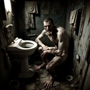 Hombre extremadamente flaco, velludo y con aspecto malvado, lamiendo un inodoro muy sucio, con barba descuidada, ojos desagradables, piel pálida, ropa raída, postura encorvada, entorno mugriento, sombras oscuras, texturas realistas, atmósfera repulsiva. verga gigante hermosa