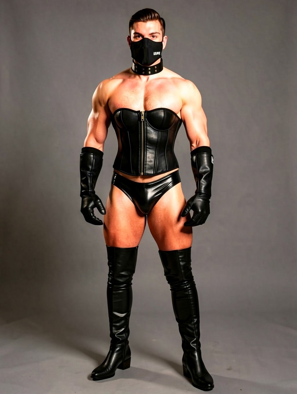 Hombre musculoso posando de pie en un estudio con fondo gris, vestido con un conjunto fetichista de cuero negro brillante que resalta el torso, los brazos y las piernas. Lleva una máscara rígida que cubre la boca y la nariz, con detalles metálicos y una correa tipo collar con tachuelas alrededor del cuello. El atuendo incluye un corsé ajustado de cuero con copas estructuradas y cierre frontal, un slip negro de corte alto, guantes largos hasta el antebrazo y botas altas por encima de la rodilla con acabado brillante. La postura frontal, firme y simétrica transmite una estética BDSM, dominante y teatral, con iluminación suave que marca la definición muscular y el contraste del cuero negro sobre el fondo neutro.