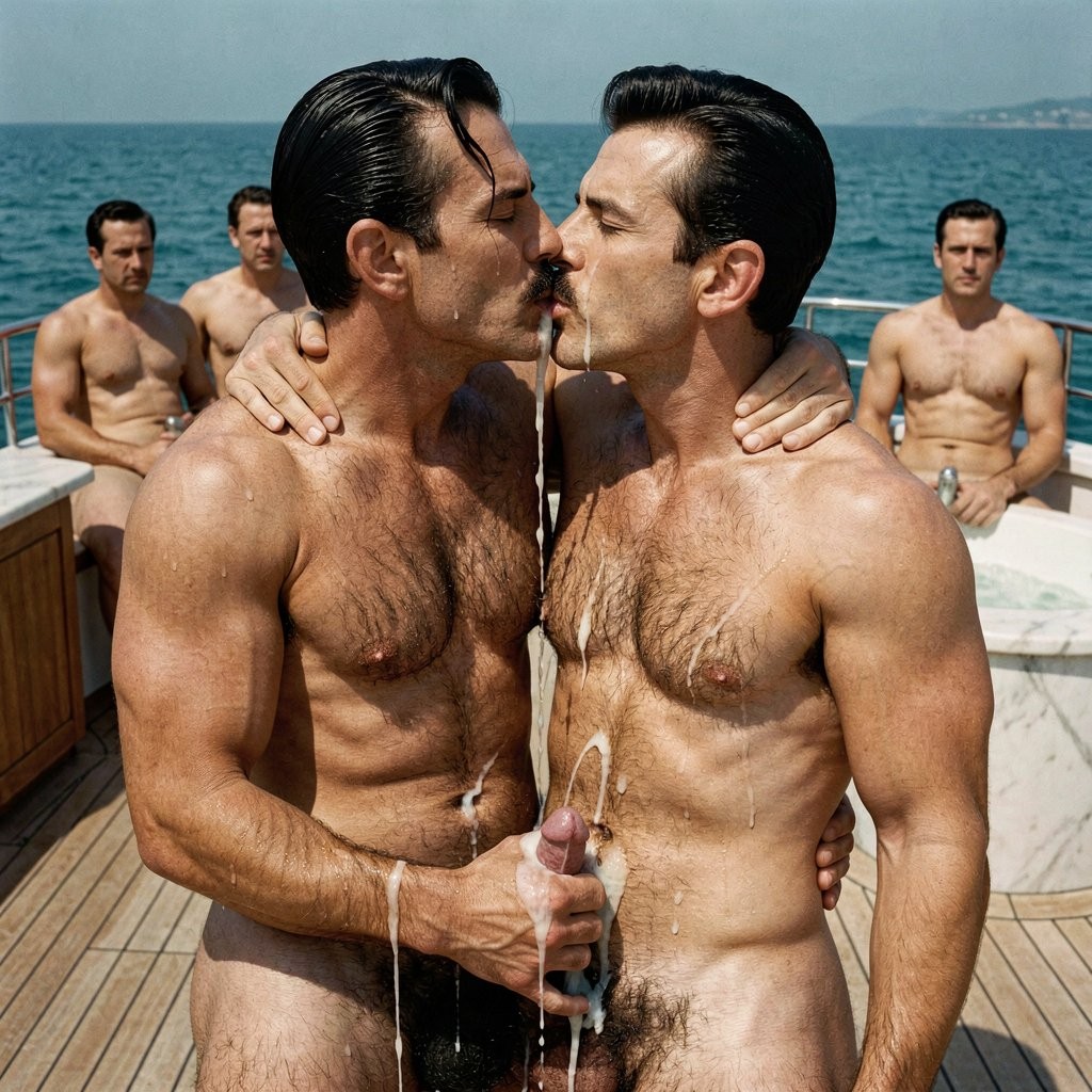 Perfect hyperrealistic 1938 color photograph on the sun-drenched upper deck of a luxury yacht anchored in the calm Mediterranean, intense golden midday sunlight with sharp, crisp shadows that perfectly sculpt every muscle, vein, drop of sweat and strand of body hair. Flawless human anatomy with zero distortions, zero deformities, perfect proportions and natural details in every finger, limb and genital.

Errol Flynn and Masri are locked in a deep, passionate kiss in the center of the warm teak deck. Errol, 30 years old, 1.86 m tall, 82 kg of lean, extremely defined muscle at 5% body fat, has his right hand gripping the back of Masri’s neck and his left arm wrapped tightly around his thick waist, pulling him closer. Their mouths are fully pressed together, lips parted, tongues visibly intertwined in a wet, hungry kiss. Errol’s jet-black hair is impeccably slicked back with brilliantine in a marked right-side wave, his ultra-thin horizontal pencil mustache razor-sharp. His golden-bronzed skin glistens with sweat flowing through the dense dark brown hair on his powerful chest, carved eight-pack abdomen and vascular arms.

Both men are completely naked and pressed tightly chest to chest. Their two thick, fully erect cocks are trapped and rubbing between their hard, sweaty stomachs. At this exact moment they are both experiencing intense hands-free orgasms: powerful, thick jets of white semen are simultaneously pulsing and erupting from the meatus of both penises. Errol’s 20 cm heavily veined cock, with its slight natural curve to the left, retracted foreskin and glistening pink-purple glans, shoots strong ropes of cum that splatter against Masri’s lower abdomen and mix with the semen flowing from Masri’s own thick, darker 19 cm cock. The semen runs visibly down over both shafts, coating their dense pubic bushes and heavy testicles.

Masri, 30 years old, 1.72 m tall, 78 kg of dense hyper-muscular build with rich olive-cetrine skin covered in extremely thick, curly jet-black body hair across his massive chest and abdomen, is equally lost in the kiss, his prominent aquiline nose and thick black mustache pressed against Errol’s face, his muscular arms wrapped around Errol’s back. Their bodies are tense, muscles flexed and veins bulging as they cum together while kissing deeply.

In the soft background, other nude muscular men watch in silence from the marble jacuzzi and the teak bar. The deep turquoise Mediterranean sea sparkles under the blazing sun. Crystal-clear Kodachrome color, extraordinary sharpness, rich natural tones, sunlight catching every bead of sweat, every strand of dense body hair, and especially the thick white semen pulsing and flowing copiously from the meatus of both erect cocks pressed tightly between their bodies. Raw, powerful and highly charged masculine erotic atmosphere.