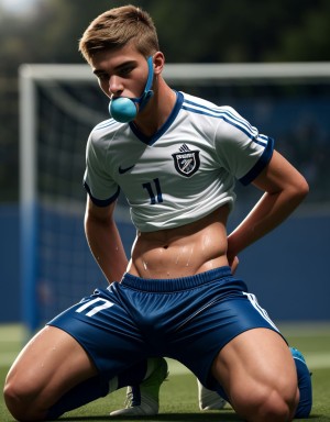 Jugador de fútbol de 20 años, cuerpo definido, con equipaje deportivo, manos atadas a la espalda, mordaza de bola en la boca, pantalones bajados hasta las rodillas, ropa interior visible, muslos expuestos, expresión de sumisión, sudor en la piel, ambiente tenso.