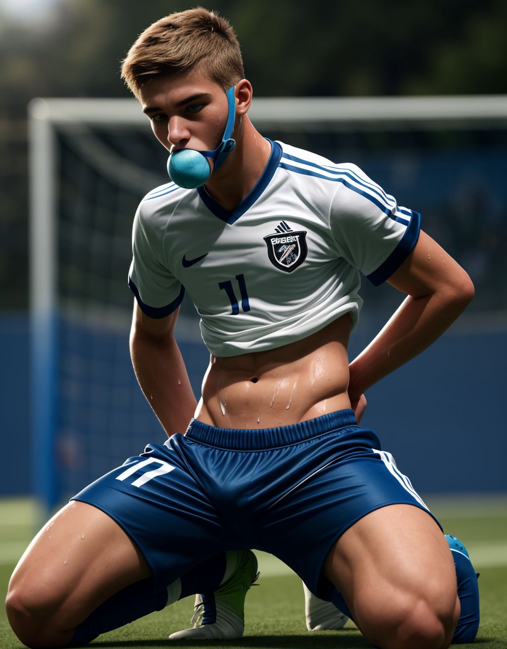 Jugador de fútbol de 20 años, cuerpo definido, con equipaje deportivo, manos atadas a la espalda, mordaza de bola en la boca, pantalones bajados hasta las rodillas, ropa interior visible, muslos expuestos, expresión de sumisión, sudor en la piel, ambiente tenso.