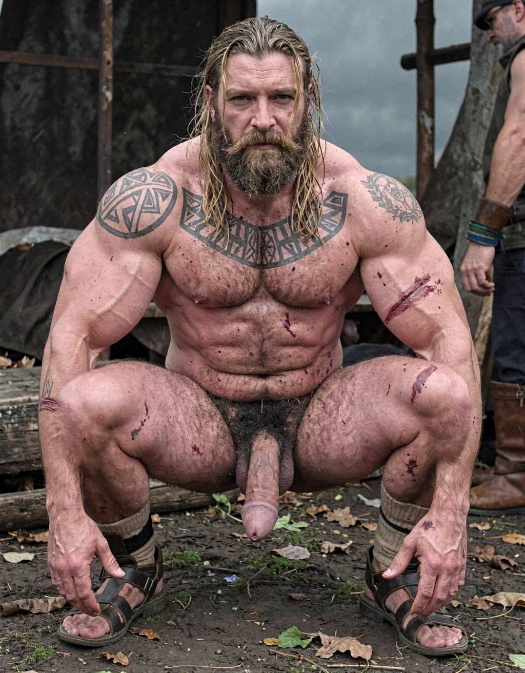 Amleth (Alexander Skarsgård) — Está de cuerpo entero desde los pies hasta la cabeza. Es el protagonista de la historia y es el príncipe vikingo que presencia el asesinato de su padre, el rey Aurvandil. Jura venganza y se convierte en un berserker implacable. Físicamente es una bestia: masivo, tatuado, cubierto de cicatrices, pelo largo y sucio. Su motivación es animal, casi mística. No es un héroe noble; es pura rabia y destino. ---
Altura imponente, unos 194 cm. Cuerpo masivo, musculatura densa y trabajada, no estilizada — parece esculpido a hachazos. Pectorales anchos y marcados y definidos, abdomen marcado pero muy definido como un culturista; es un cuerpo de 7% de grasa corporal, de guerrero que ha pasado años remando, luchando y matando. Hombros desproporcionadamente anchos, cintura más estrecha y pequeña. Brazos fuertes marcados y definidos con venas visibles en antebrazos y bíceps cuando empuña el hacha. Muslos poderosos, pantorrillas fibrosas. Piel pálida, casi grisácea bajo la suciedad y la sangre, cubierta de cicatrices: una grande que le cruza el torso, cortes menores en brazos y costillas. Tatuajes oscuros y densos — símbolos nórdicos, runas, líneas geométricas — que le cubren el pecho, los hombros y parte de la espalda. Vello corporal oscuro, especialmente en el pecho y el pubis. Cara angulosa, mandíbula cuadrada, pómulos marcados. Barba espesa y desigual, más larga en la barbilla, mezcla de rubio sucio y castaño claro, a menudo enmarañada. Pelo rubio sucio, largo, lacio, con mechones más oscuros por la mugre, a veces recogido. Cejas espesas, ojos azul pálido, mirada fija y desquiciada, con un brillo de locura contenida. Labios finos y agrietados. Cicatriz en el labio superior que le tira ligeramente la comisura. Su olor sería a cuero mojado, sudor rancio, hierro y tierra.
Tiene una polla proporcional a su tamaño de 22 cm de largo y 4 cm de ancho; está circuncidado, con el glande grueso y visible; el tronco del pene es largo, con venas marcadas que le recorren el lateral; tiene un vello púbico denso, oscuro, en forma de V invertida que le sube hasta el ombligo; tiene testículos grandes, colgando ligeramente asimétricos, con la piel del escroto arrugada y más clara que el resto del cuerpo; el pene erecto se curva ligeramente hacia arriba, con la cabeza bien definida y el frenillo tirante; su pene es una herramienta brutal, acorde con el berserker que la porta. Lleva sandalias vikingas en sus pies. Tiene mucho vello corporal, sobre todo en el pecho.
Se agacha y apoya sus manos sobre las rodillas