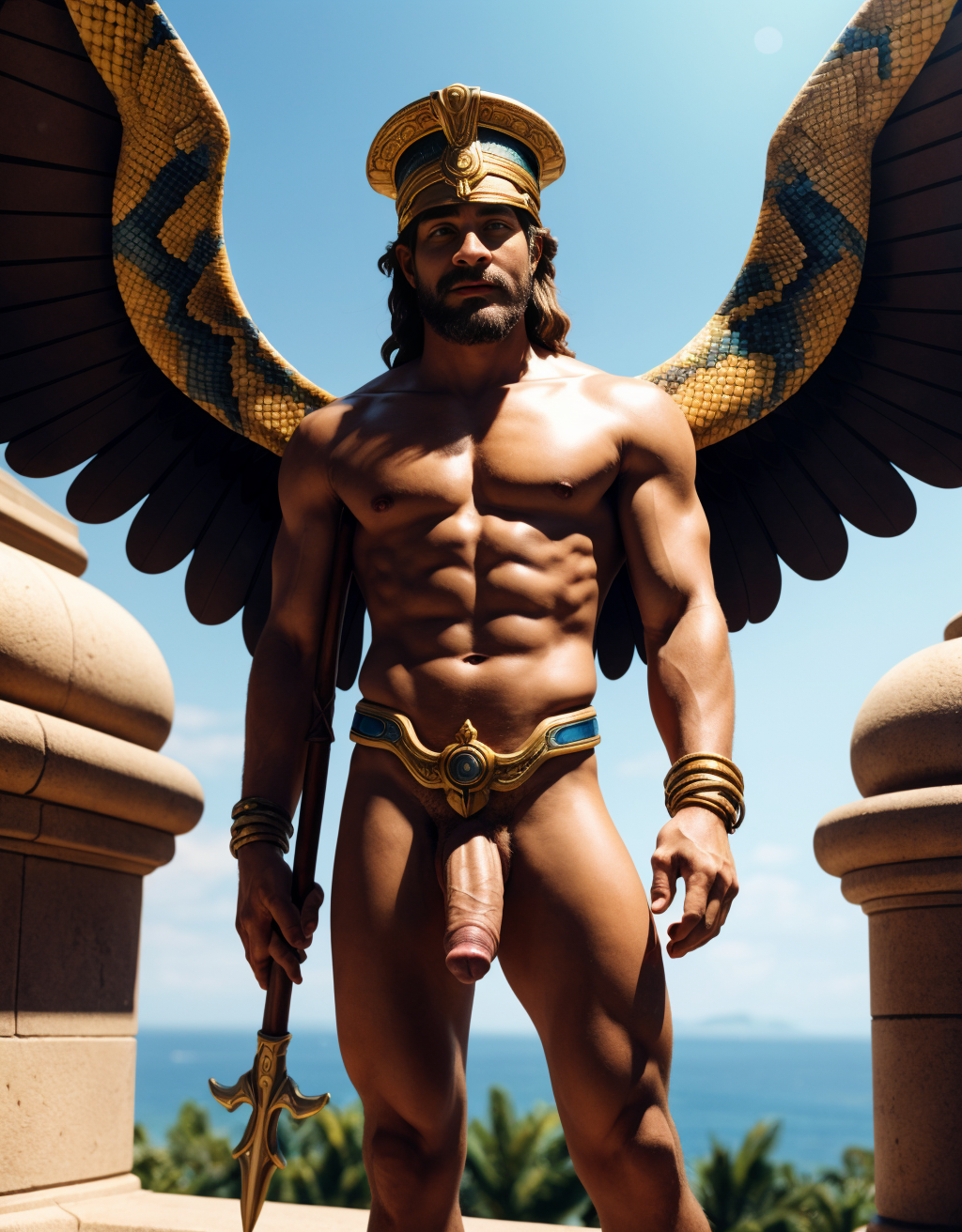 Hermes es el dios de los mensajeros, el comercio, los ladrones, y los viajeros. Es conocido por su velocidad y astucia. Tiene sandalias aladas. Tiene un sombrero con dos pequeñas alas pegadas en los lados. Tiene un caduceo (bastón con dos serpientes entrelazadas). Tiene pene grande y largo. Tiene testículos grandes
