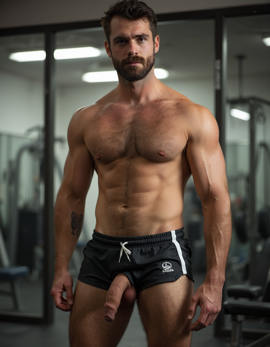 Hombre musculoso de pie en un gimnasio, con torso desnudo, abdomen marcado, pecho velludo y brazos definidos, mirando al frente con expresión seria. Lleva pantalones cortos negros de entrenamiento con cordón blanco y un pequeño logotipo, pero la prenda está abierta o desplazada de forma que su pene queda visible por delante. La iluminación interior resalta la musculatura, los hombros anchos y las piernas fuertes, mientras el fondo aparece desenfocado con máquinas de ejercicio, cristaleras y luces de techo, creando una escena de vestuario o sala de pesas con estética deportiva y masculina.