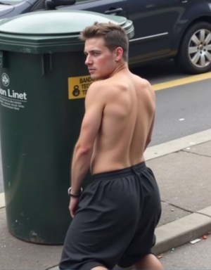 Hombre desnudo dentro de una bolsa de basura, humillado,  al lado de un contenedor de basura en la calle