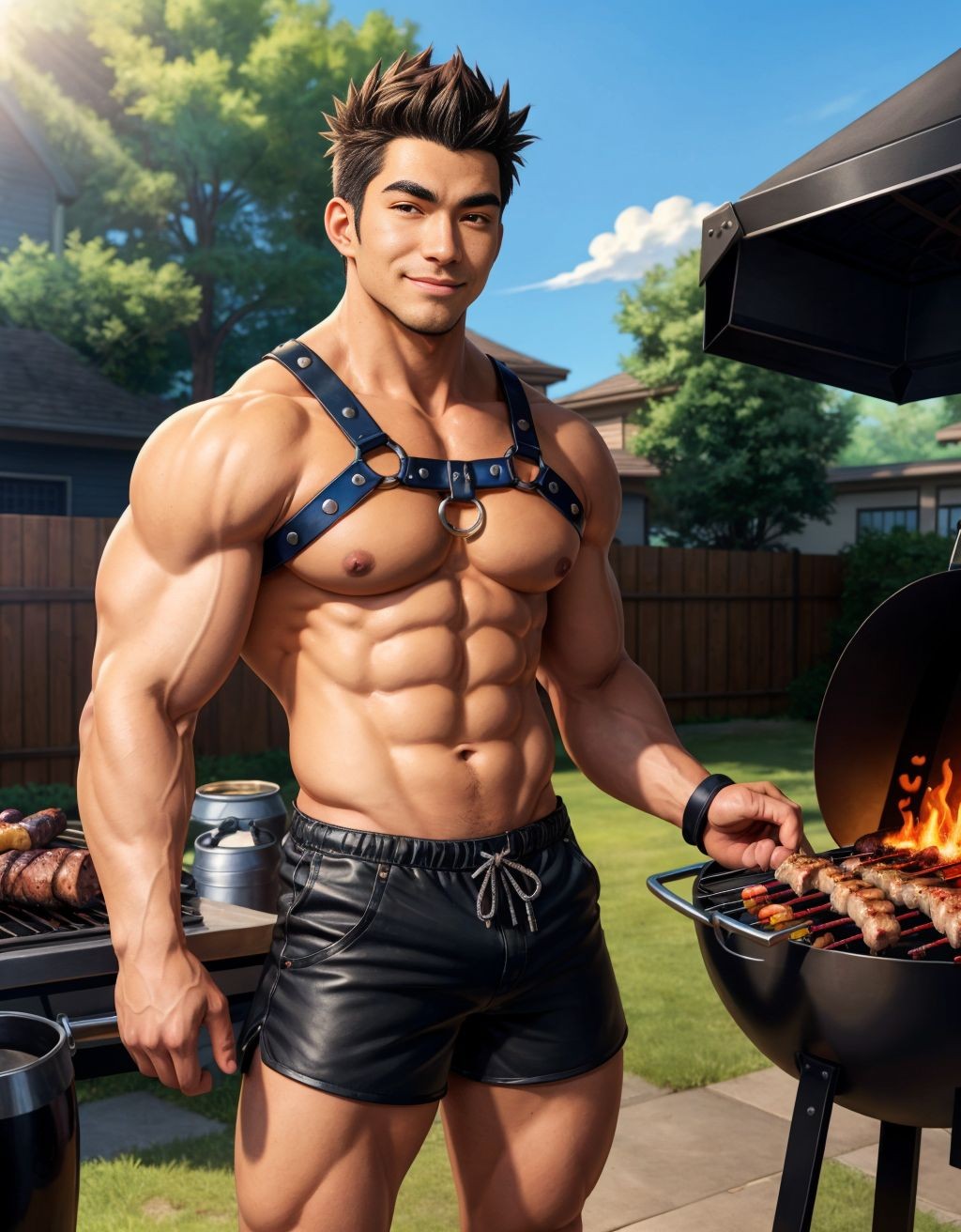Hombre musculoso con arnés de cuero negro, torso desnudo, preparando una barbacoa al aire libre, con una parrilla de carbón, cerveza al lado, shorts ajustados, piel bronceada, ambiente relajado y soleado.