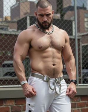 Amo Alfa. Amo alfa. hombre maduro hipermasculino luciendo el torso desnudo, atractivo, con barba negra y corta, muy musculoso, pantalón largo blanco,  nos muestra su virilidad en un callejón de Chicago