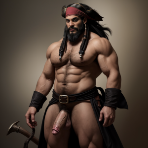 Pirata con melena negra, barba, musculoso y pene grande